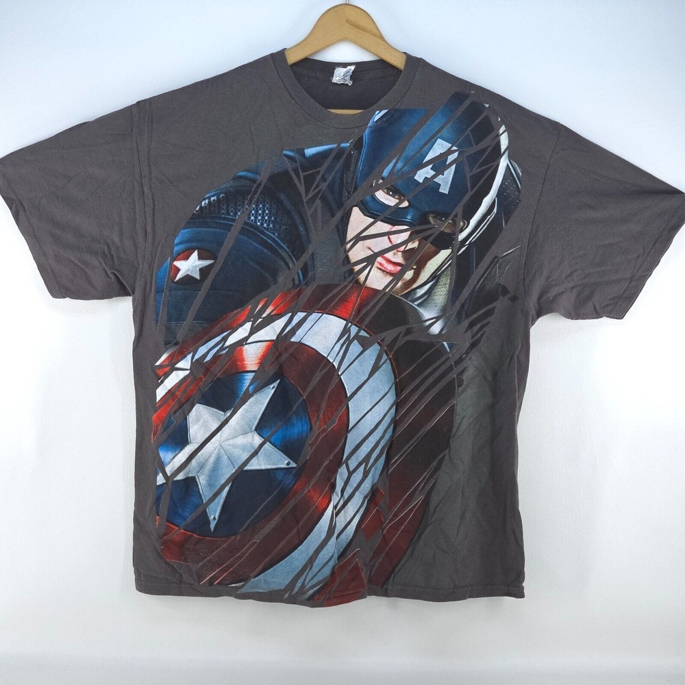 VTG CAPTAIN AMERICA Shattered All Over Print T Shirt Men's 2XL AOP Nerd Geek XXL